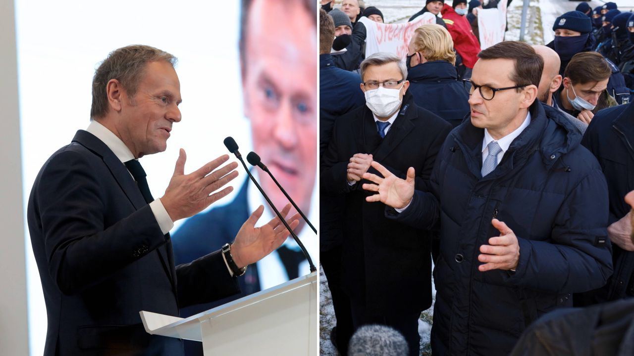 Donald Tusk i Mateusz Morawiecki (fot. PAP/Photoshot/Hennadii Minchenko, PAP/Marek Zimny)