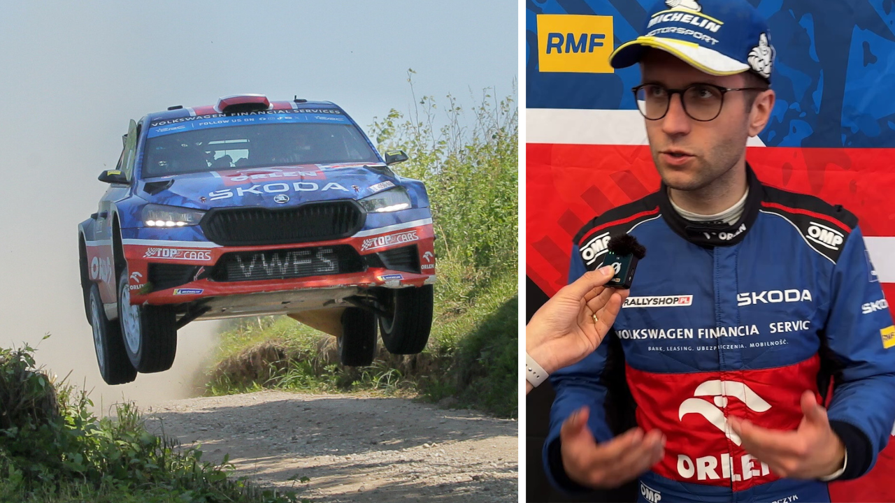 Miko Marczyk na podium po drugim dniu Rajdu Polski! (fot. PAP / TVP Sport)