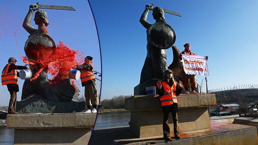 W marcu 2024 r. aktywistki Ostatniego Pokolenia oblały pomnik Syreny pomarańczową farbą (fot. Adam Chelstowski / Forum)