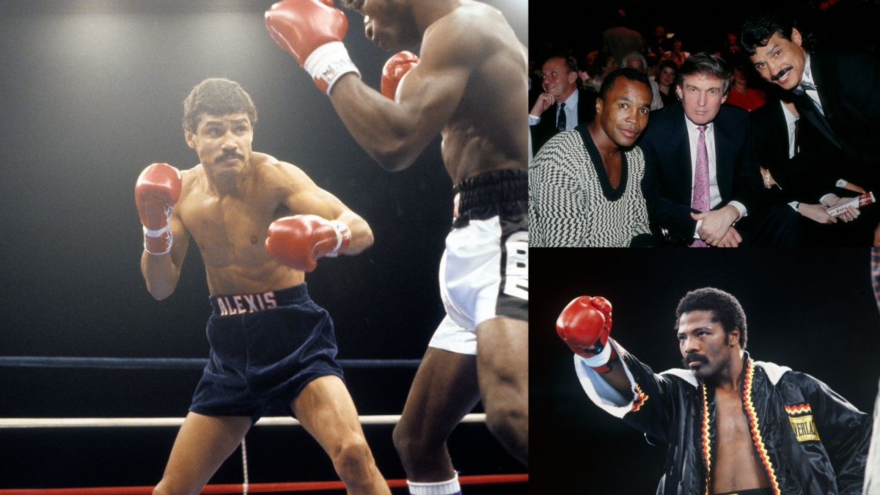 Z lewej: Alexis Arguello. Z prawej: u góry z Sugarem Rayem Leonardem i Donaldem Trumpem. Niżej Aaron Pryor (fot. Getty)
