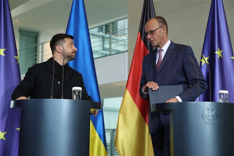 Канцлер Нямеччыны Фрыдрых Мэрц і прэзідэнт Украіны Уладзімір Зяленскі, 28 траўня 2025 года, Берлін, Нямеччына. Фота: Sean Gallup / Getty Images