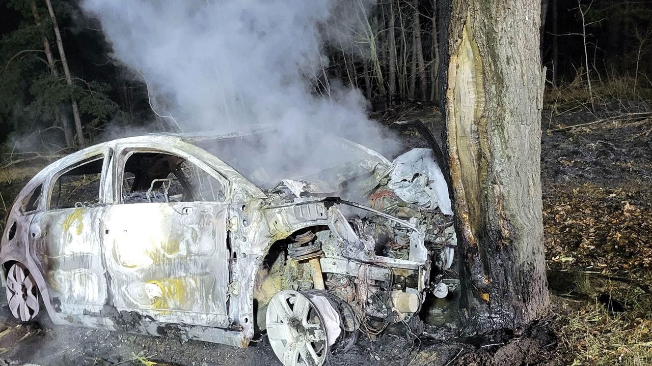 Samochód osobowy uderzył w drzewo i spłonął (fot. OSP Wieleń)
