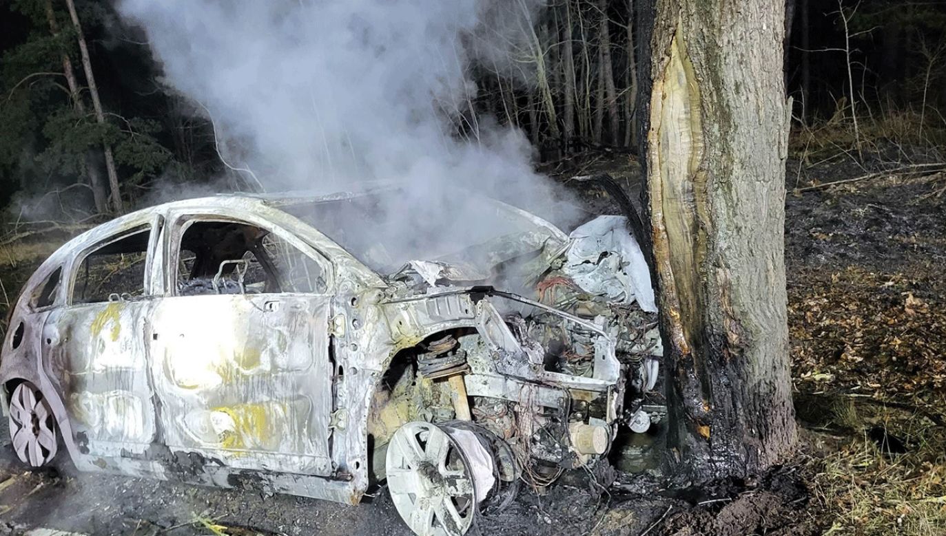 Samochód osobowy uderzył w drzewo i spłonął (fot. OSP Wieleń)