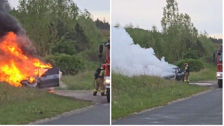 Ogień na drodze. Pożar auta między Dargobądzem a Mokrzycą (źródło: Adam Wójcik)