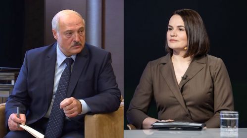 Аляксандр Лукашэнка на перамовах з Уладзімірам Пуціным і Святлана Ціханоўская ў студыі «Белсату». Калаж з фота: Kremlin.ru, Sviatlana Tsikhanouskaya / Flickr, CC BY-NC-SA 4.0
