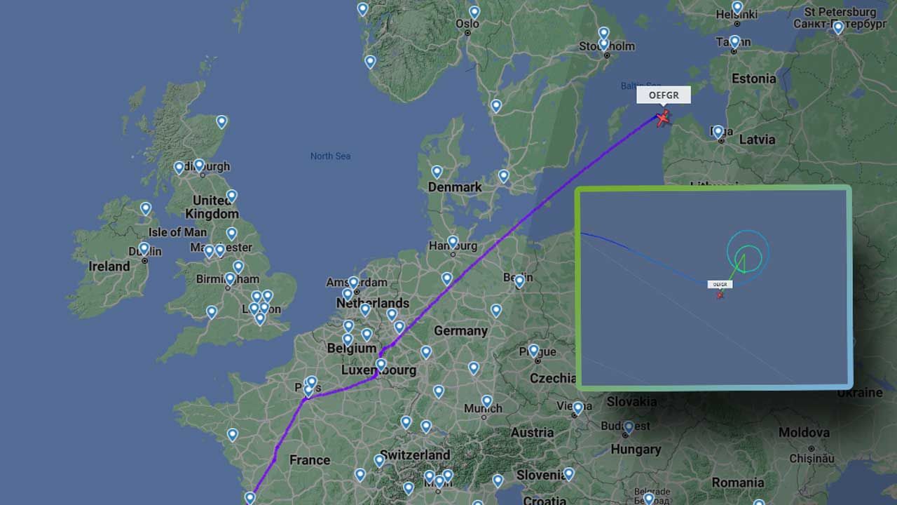 W ostatnim etapie lotu maszyna „kręciła kółka” kilkanaście mil od wybrzeży Łotwy (fot. screen:flightradar24.com)