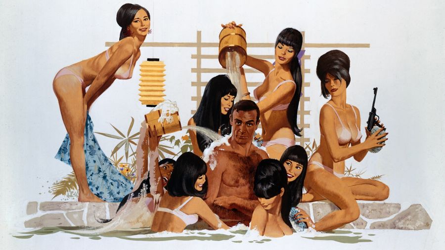 Rysunek promujący film Jamesie Bondzie „Żyje sie tylko dwa razy” z 1967 roku, reż. Lewis Gilbert, grali m.in. Sean Connery (agent 007), Tetsurō Tamba (Tiger Tanaka), Mie Hama (Kissy),  Akiko Wakabayashi (Aki), Donald Pleasence (Ernst Stavro Blofeld). Fot. arch. TVP