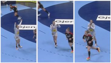 Paula Arcos świętująca trafienie Niemek na 23:21 (fot. SPORT.TV2.DK)