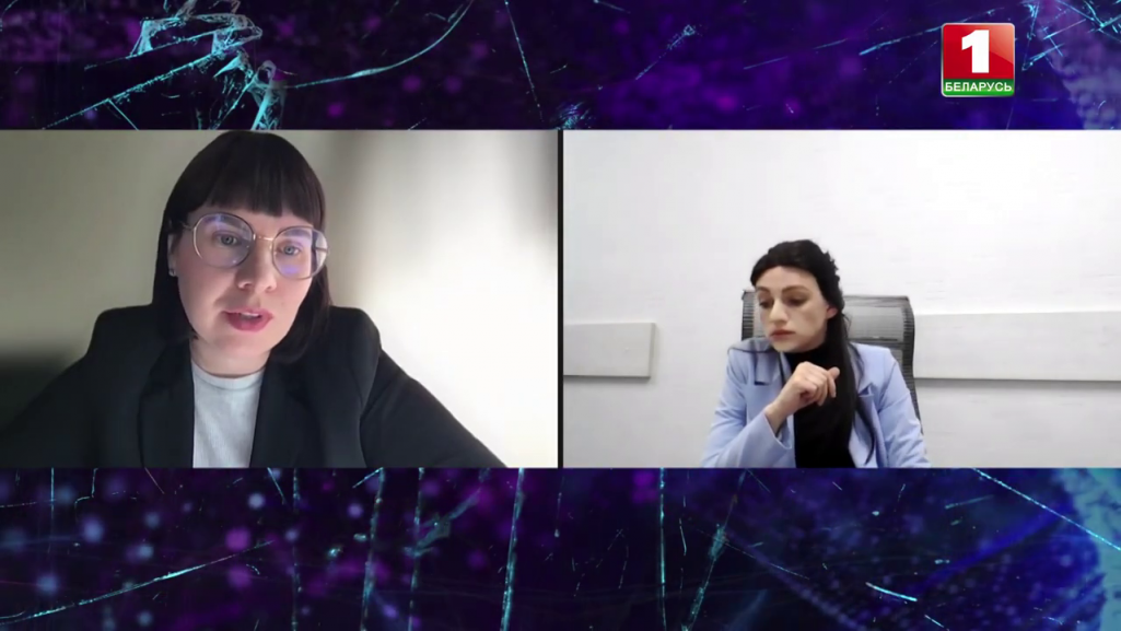 Вольга Кавалькова (злева) і загрымаваная супрацоўніца БТ Екацярына Ціхамірава. Скрыншот: АТН / Youtube