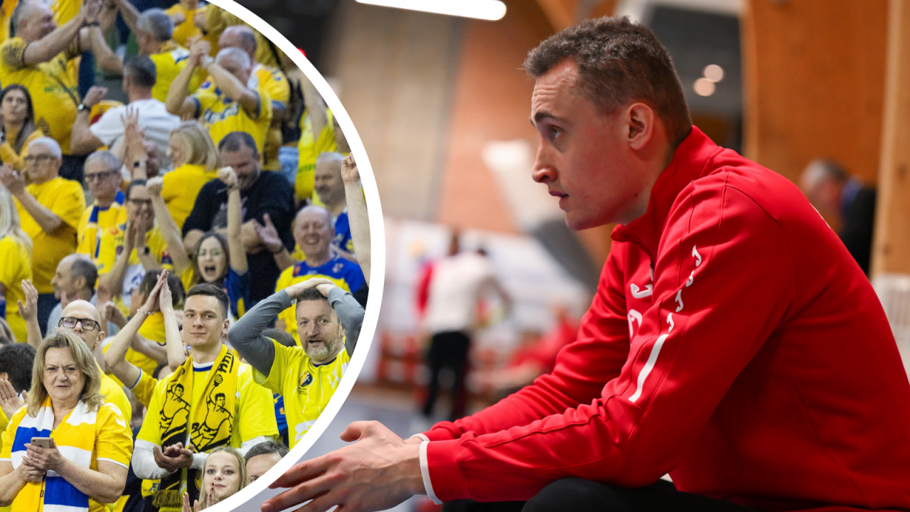 Kibice Industrii Kielce (fot. Orlen Superliga) oraz Adam Morawski (fot. Paweł Bejnarowicz / ZPRP)
