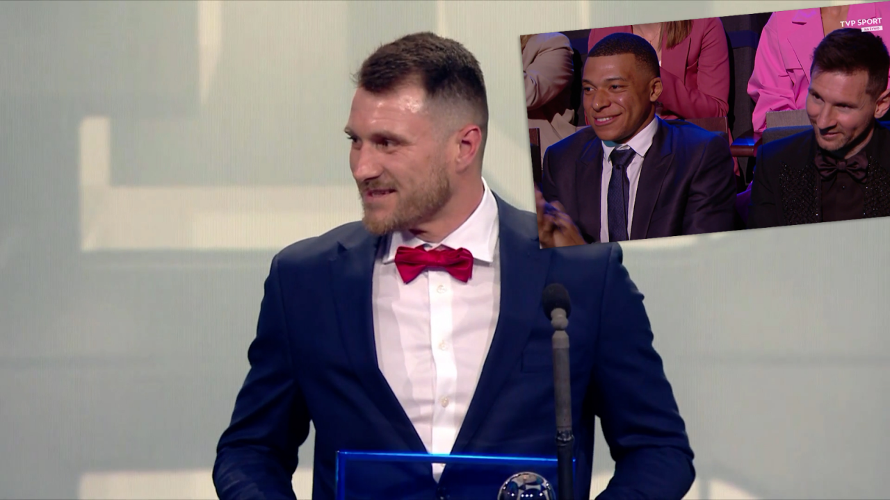 Marcin Oleksy oraz Kylian Mbappe i Lionel Messi (fot. TVPSPORT.PL)