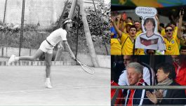 Mick Jagger podczas gry w tenisa (L). Z prawej - podczas oglądania meczu z Billem Clintonem (niżej) i jako mundialowy mem (fot. Getty)