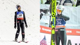 Od lewej: Johann Andre Forfang i Kristoffer Eriksen Sundal (fot. Getty Images) Norweski skoczek narciarski uchwycony w dwóch kontrastujących momentach zawodów — tuż przed skokiem i tuż po jego zakończeniu. Po lewej stronie kadru zawodnik stoi z nartą marki Fischer, otoczony przez media i sponsorów, co symbolizuje profesjonalne otoczenie sportu. Po prawej — siedzi samotnie na śniegu, z ramionami owiniętymi wokół kolan, co oddaje atmosferę refleksji i wyczerpania (fot. Getty Images)