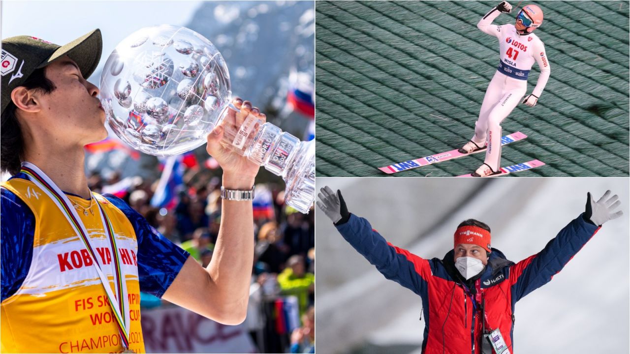 Ryoyu Kobayashi z Kryształową Kulą, Dawid Kubacki na igelicie i Sandro Pertile (fot. Getty/PAP)