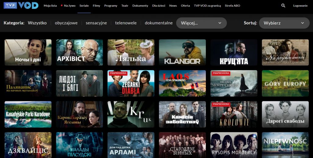 Серыялы на «TVP VOD». Крыніца: TVP VOD