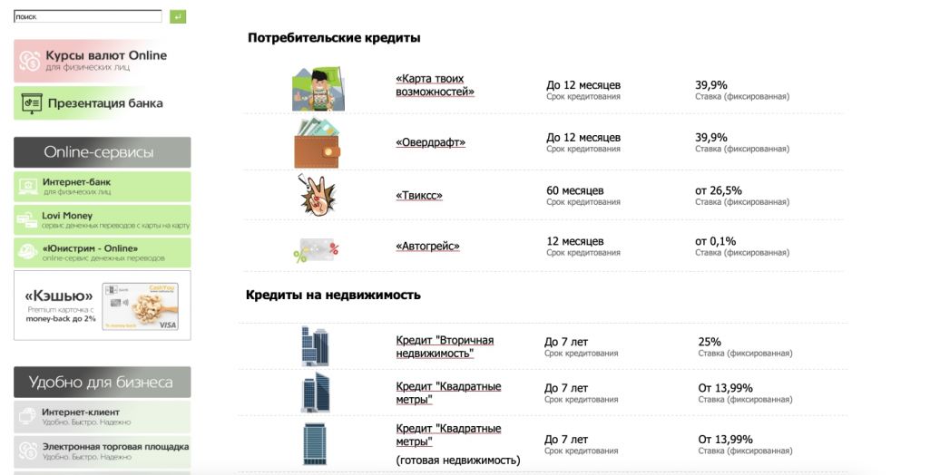 Якія крэдыты выдае «БТА Банк». Скрыншот: btabank.by